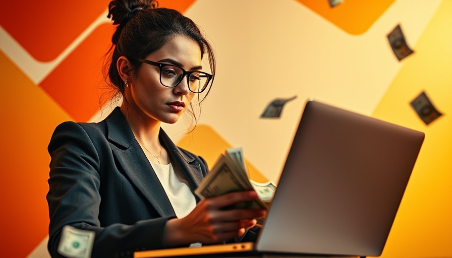 Investment management CRMs concept with woman, laptop, and cash.