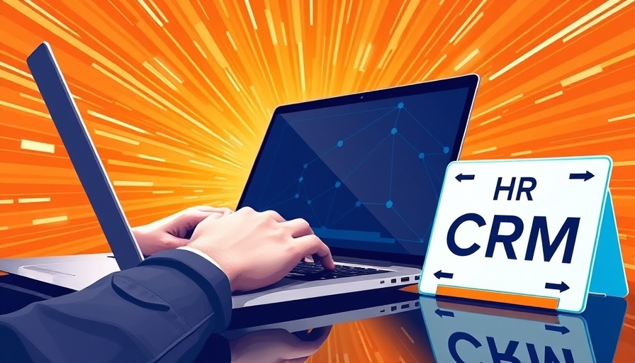 Illustrative graphic for best CRMs for HR businesses with laptop and nametag.