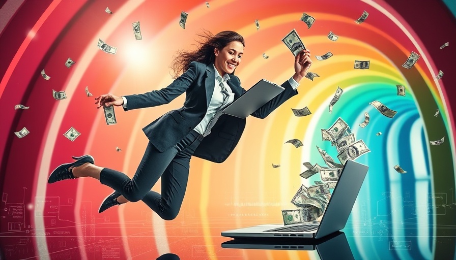 Surreal collage of woman leaping for cash from a laptop, reduce marketing tool sprawl.