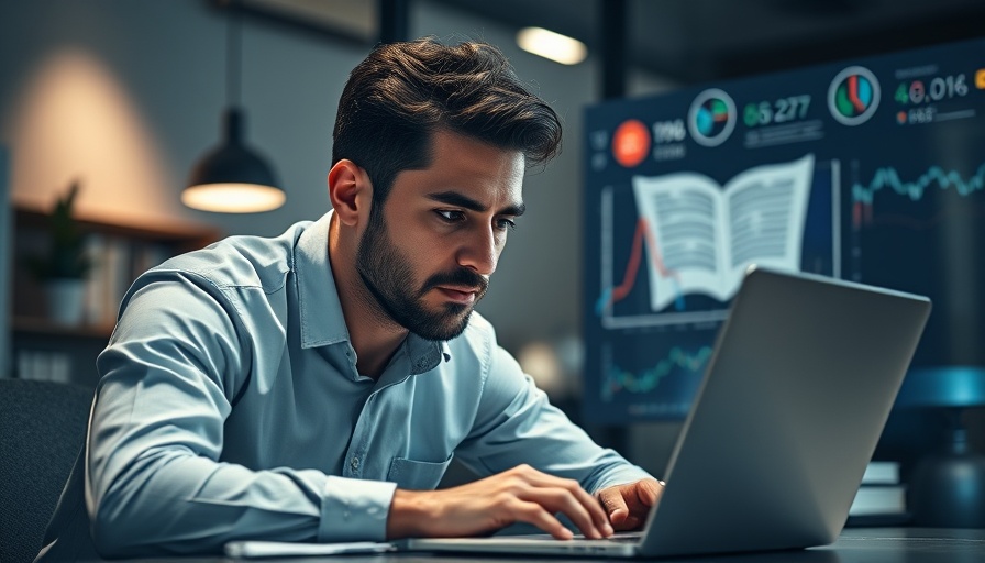 Focused man doing content research for small businesses on laptop.