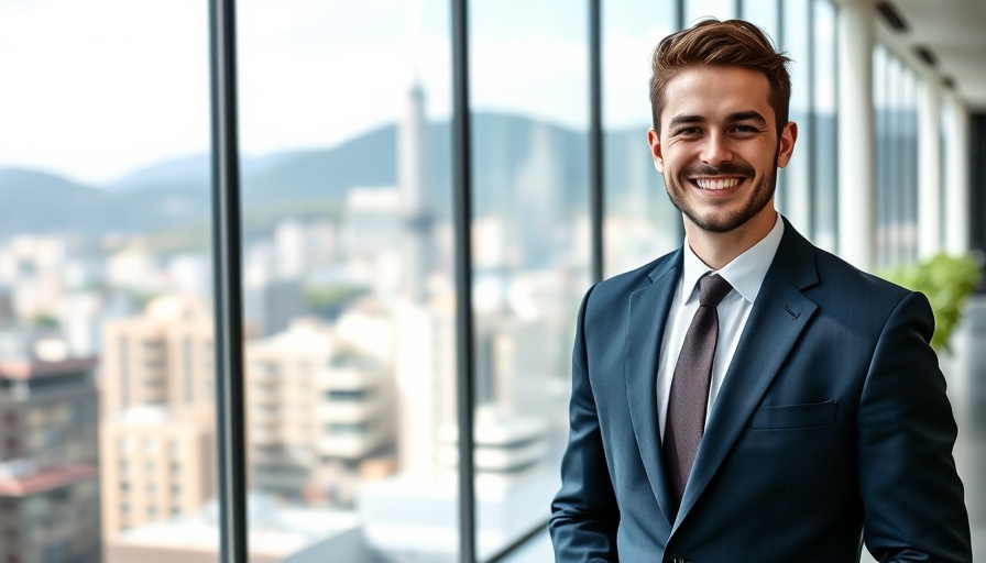 Confident young attorney smiling in office with city view.