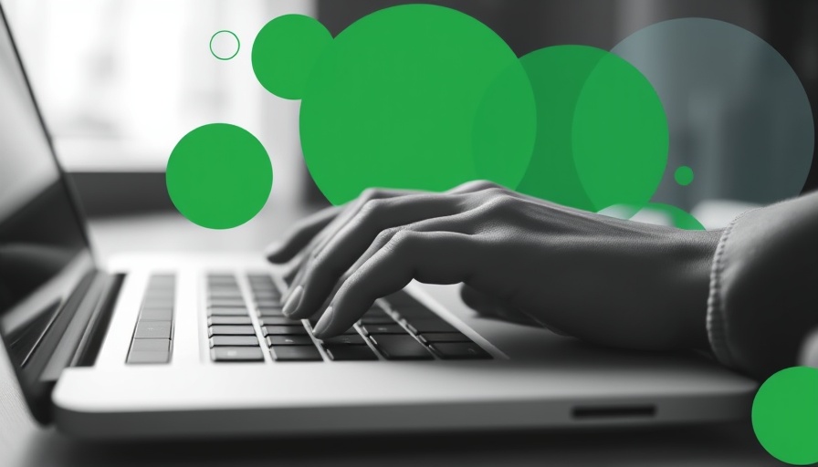 Hands typing on a laptop keyboard with circular green shapes in the background, representing AI-generated content for small businesses.