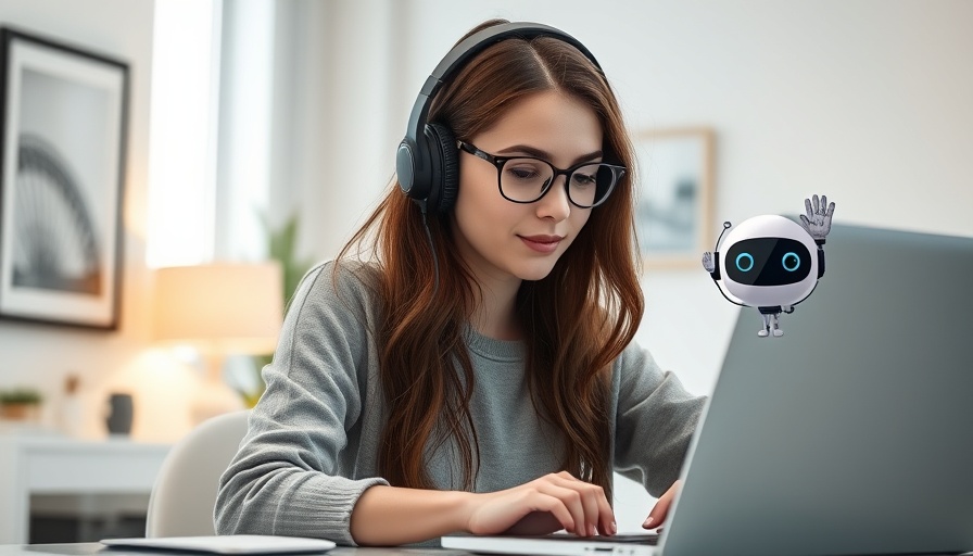 Young woman using laptop with AI robot illustration, modern workspace.