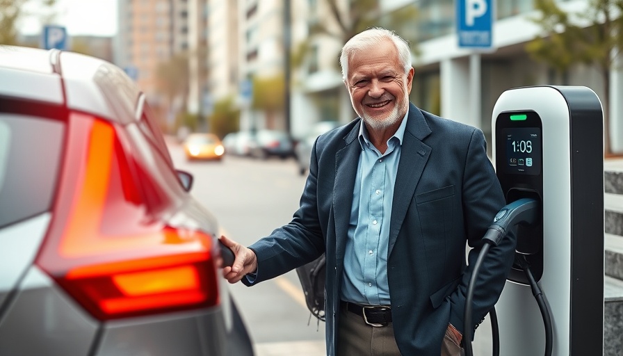 Calstart leader at EV charging station, smiling confidently.