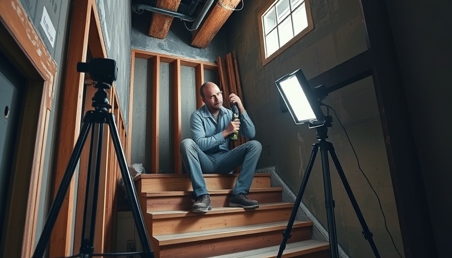 Worker using tools on stairs with Metabo tripod light in an industrial room.