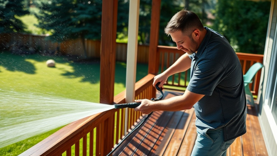 Man using electric pressure washer on deck in backyard