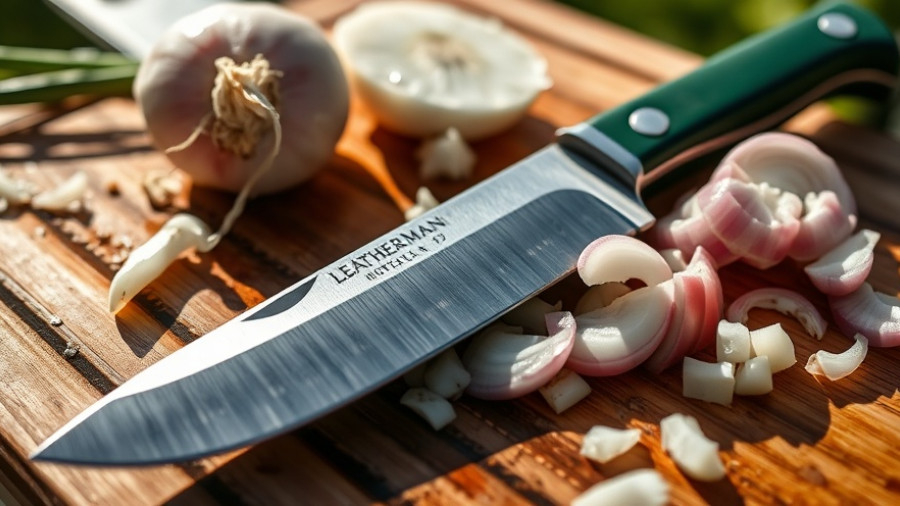 Leatherman Rustle Fixed-Blade Knife on a cutting board with onions.
