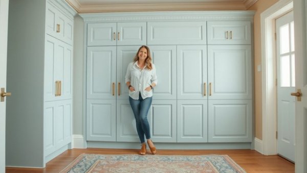 Elegant mudroom design with light blue cabinetry and smiling woman