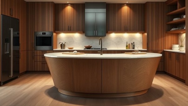 Elegant curved kitchen island with marble and wood design