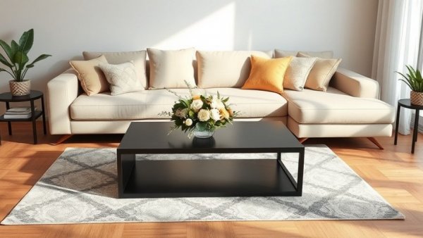 Modern living room update with beige sofa and black table, natural light.