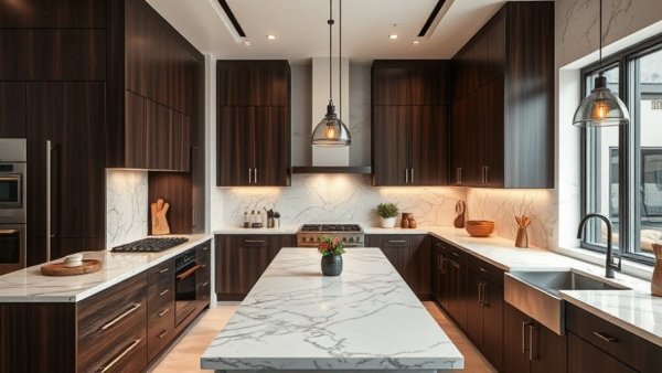 Elegant modern kitchen in popular remodel trends, showcasing diverse materials and textures.
