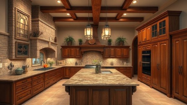 Opulent $250K kitchen design with stone and wood elements, granite island, warm lighting.
