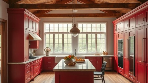 Red modern farmhouse kitchen design with elegant cabinetry and cozy atmosphere.