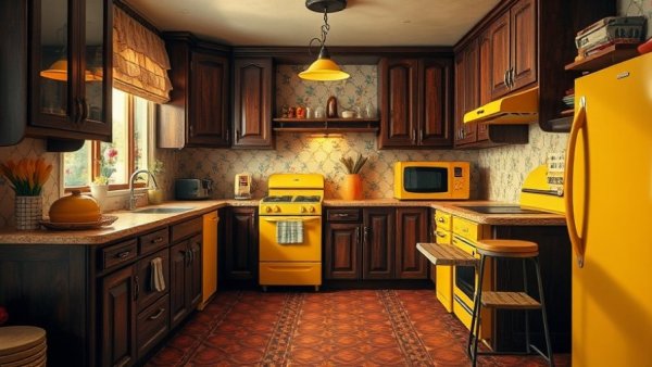 Retro 1970s kitchen design with wooden cabinets and vintage appliances
