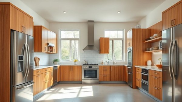 Warm wooden cabinetry kitchen design transformation with stainless appliances