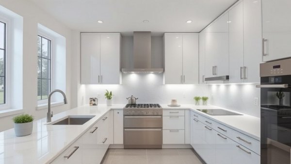 Elegant white kitchen designs with modern lighting and decor.