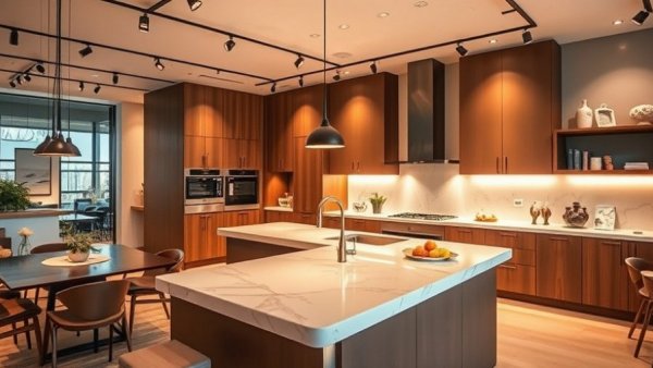 Modern kitchen renovation ideas in showroom with sleek designs and lighting.