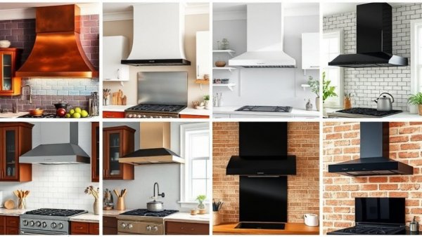 Unique range hood designs in various kitchen styles.