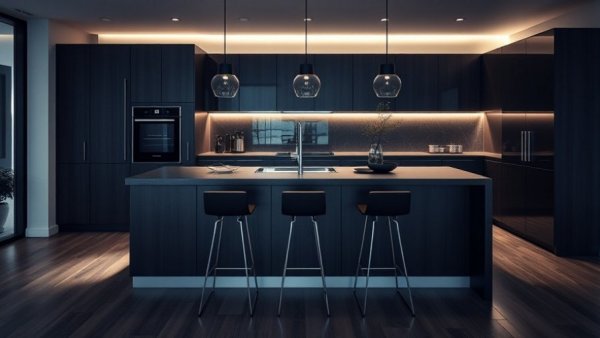 Modern kitchen design with dark wood island and bar stools, popular kitchen remodel trends.