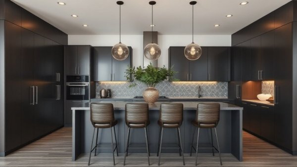 Modern kitchen with pendant lights and bar stools showcasing kitchen remodel trends.