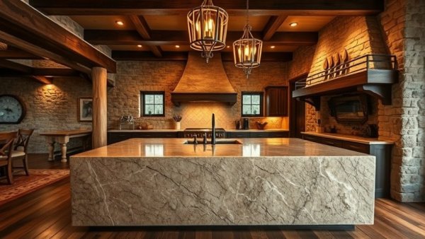 Rustic kitchen design with stone island and wooden beams.