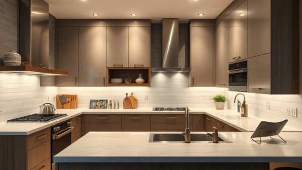 Modern kitchen design trends 2025, featuring sleek metallic and rustic elements.