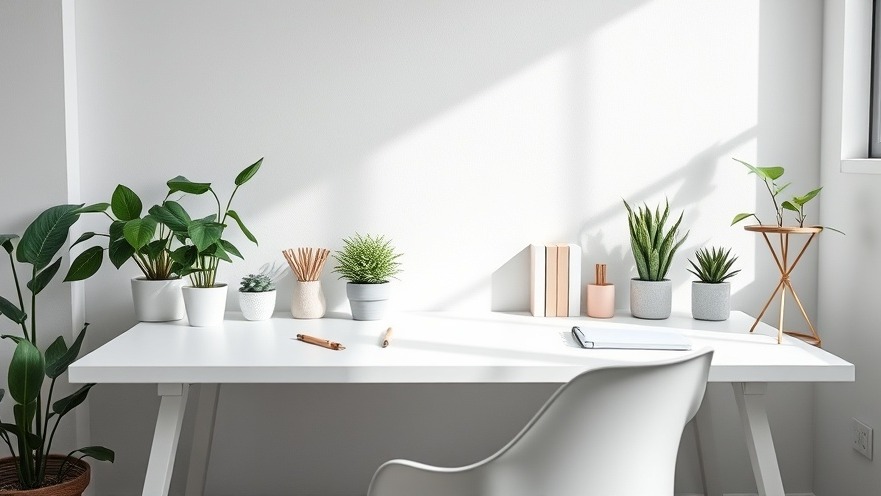 Minimalist workspace for eco-friendly living with green plants and soft natural lighting.