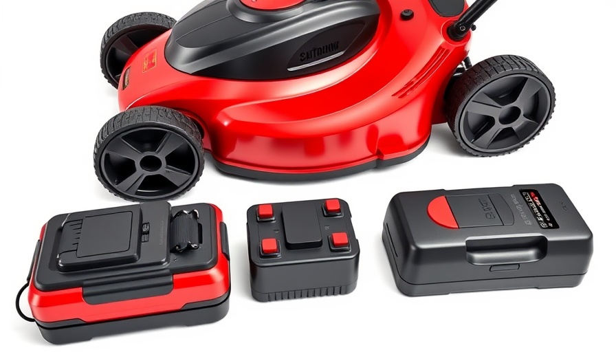 Skil outdoor power equipment deals with electric lawn mower and accessories on white background.