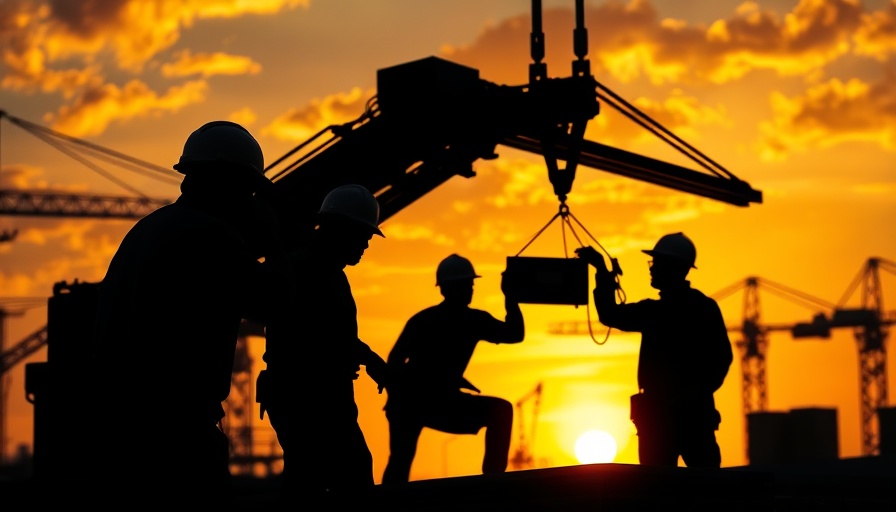 Silhouetted construction workers at sunset on jobsite.