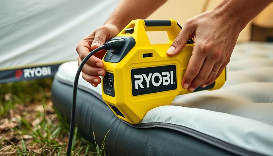 Ryobi USB Lithium High Volume Inflator inflating air mattress outdoors.