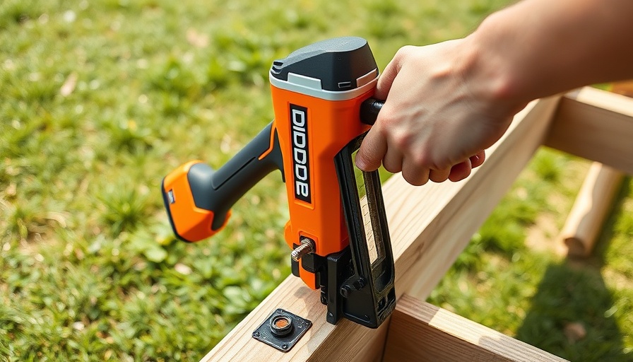 Ridgid 18V nailer in use on wooden beams outdoors.