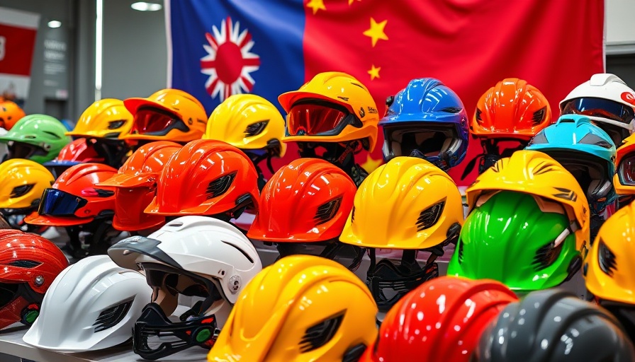 Colorful dual certification safety helmets lineup with flag background.