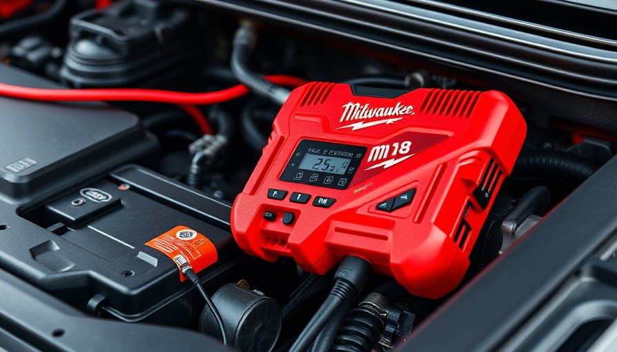 Milwaukee M18 HotShot Jump Starter connected to a car battery in an engine bay.