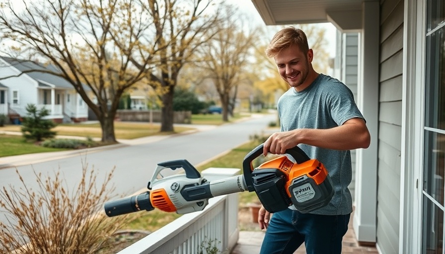 Man using Stihl BGA 250 Battery-Powered Leaf Blower on a suburban porch.