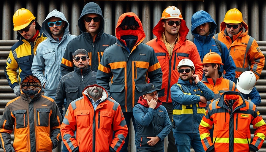 Collage of best fall workwear for contractors featuring jackets, sunglasses, and a helmet.