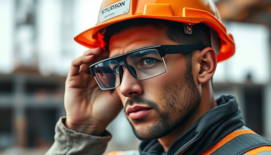 Construction worker wearing Studson safety glasses adjusting helmet.