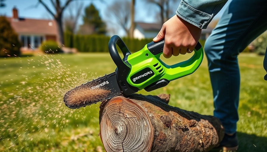 Greenworks 24V Brushless Pruning Saw cutting log in backyard.