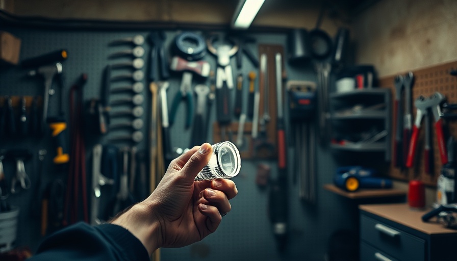 Olight ArkPro flashlight illuminating tools in a garage.