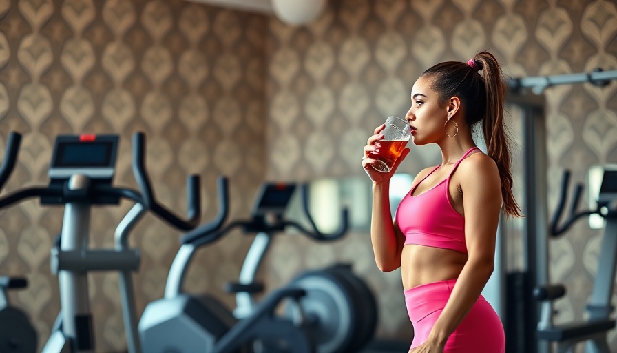 Woman in pink outfit drinks in trendy gym with patterned walls.