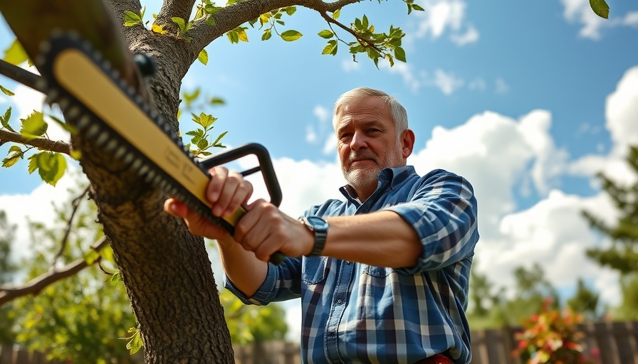 Man using Milwaukee 16-foot pole saw in garden.