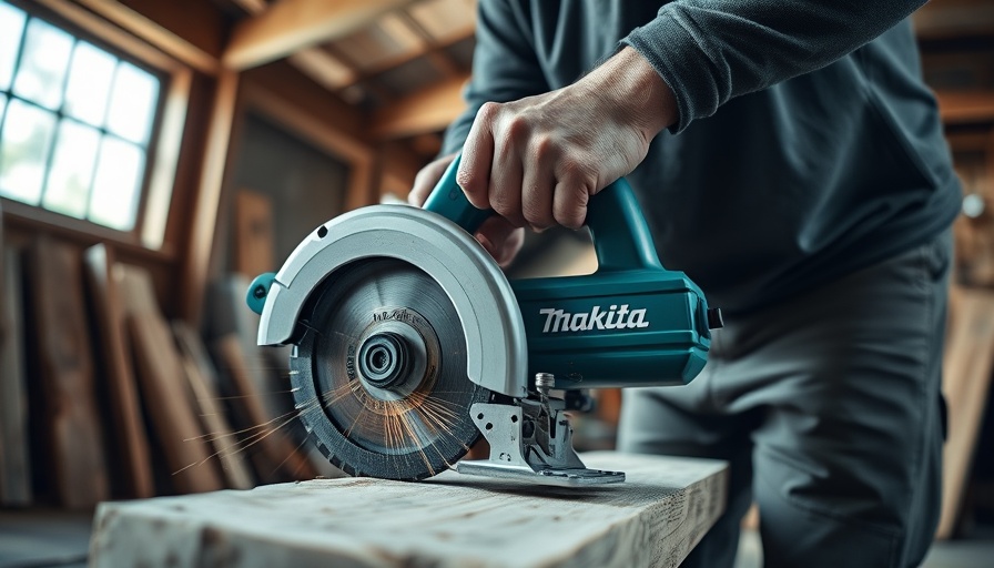Close-up of a Makita circular saw cutting wood in a workshop.