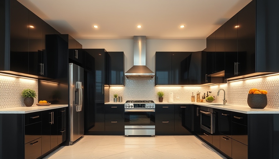 Modern black kitchen cabinets with stainless steel appliances.