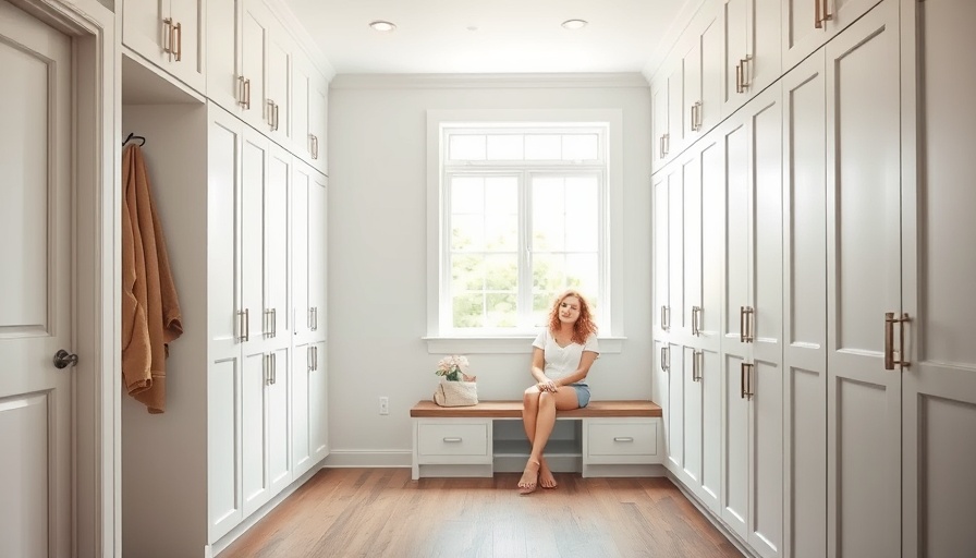 Modern mudroom with custom built-ins and seating area.
