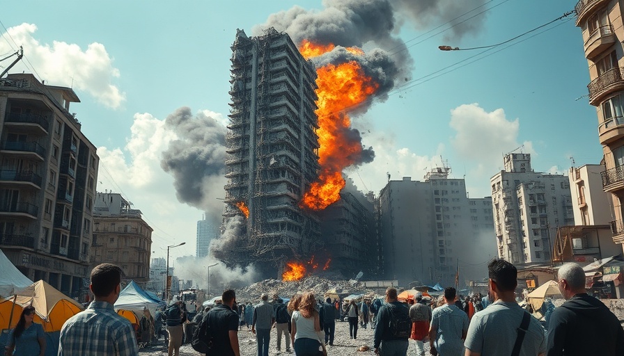 Gaza's humanitarian crisis depicted by crumbling buildings and onlookers.