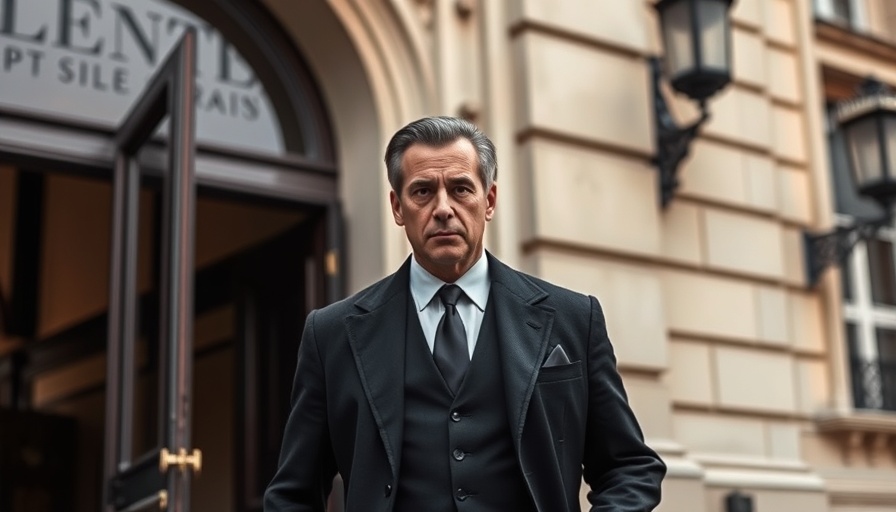 Man in dark suit exiting French building after resignation.