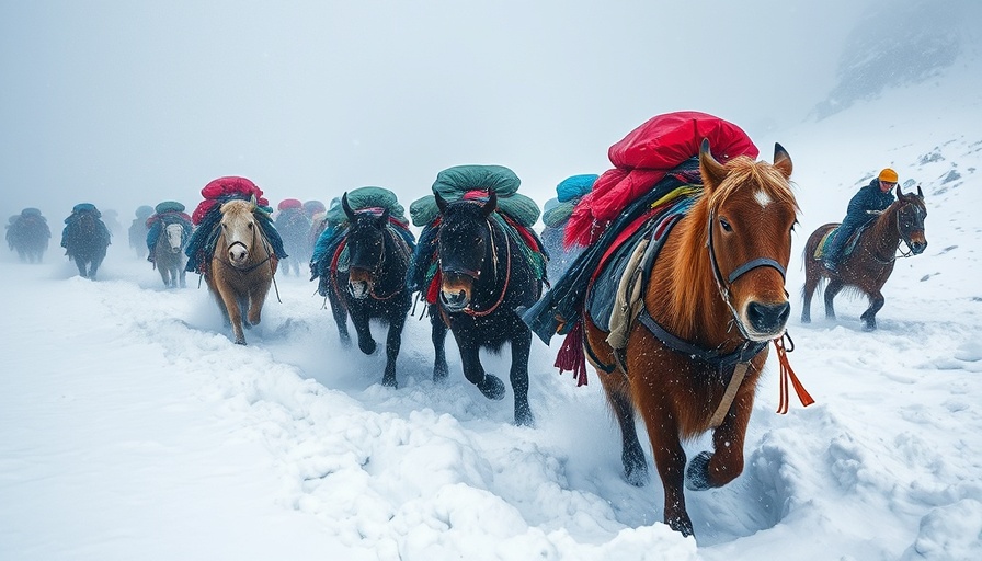 Yaks and horses in Mount Everest blizzard struggling through snow.