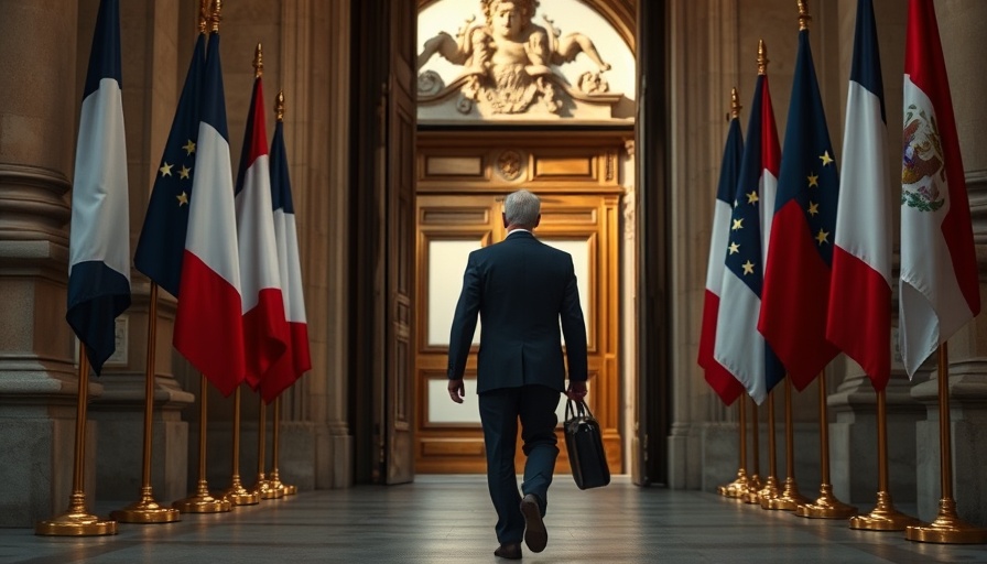 Political figure enters building amid French flags, symbolizing political turmoil in France.