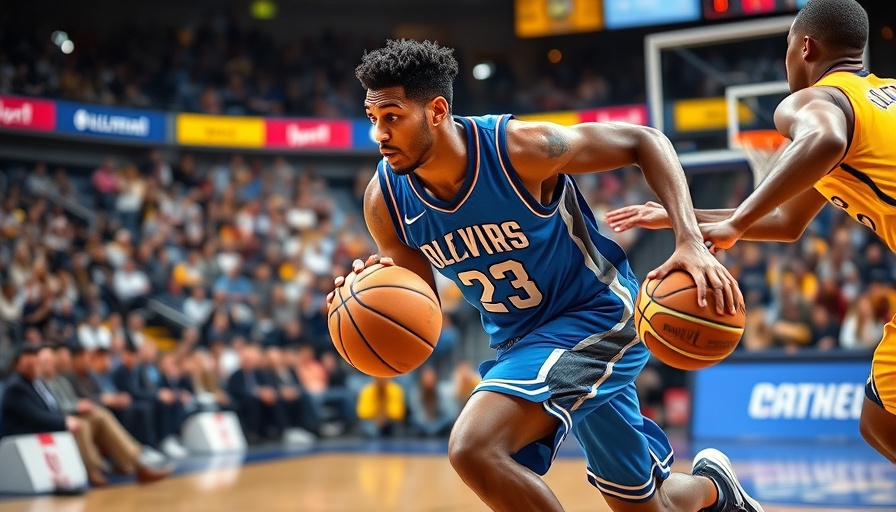 Player in blue dribbling against yellow opponent in basketball game.
