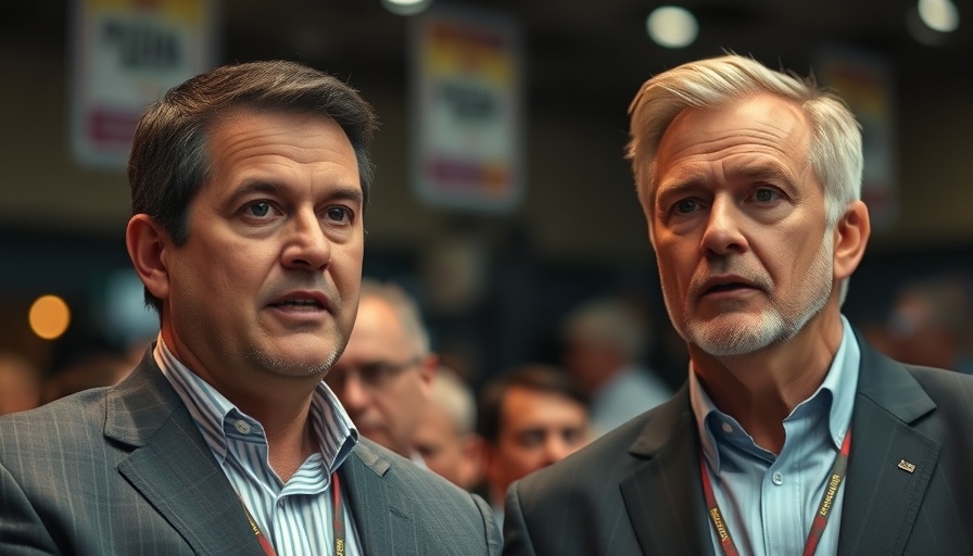 Two men speaking at a public event about housing near transit.