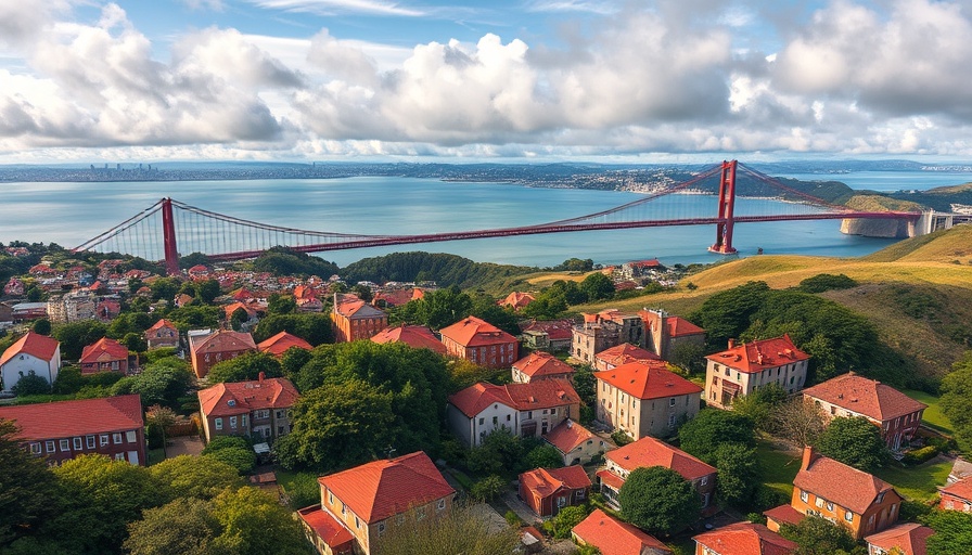 Aerial view of San Francisco luxury real estate with Golden Gate Bridge.